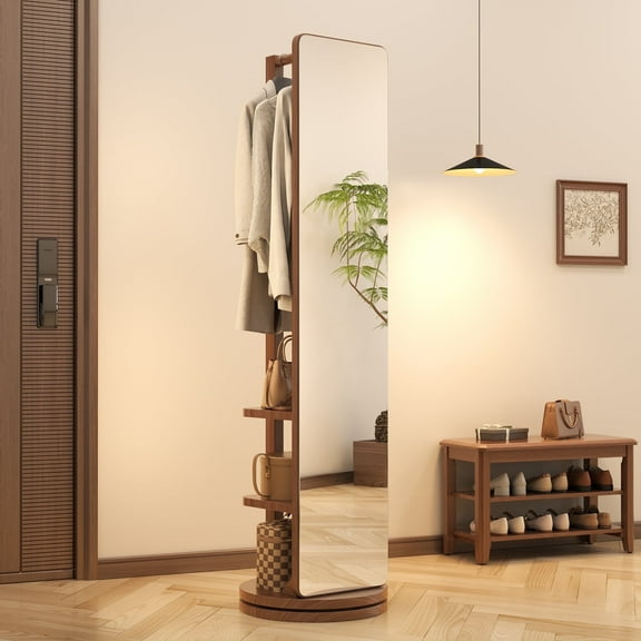 Full Length Mirror Coat Rack with Brake Wheels, 66" x 15", Floor Standing Mirror with Hook Storage, Swivel Full Body Mirror for Bedroom, Living Room, Walnut