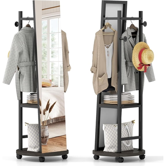 Full Length Mirror with Coat Rack, Swivel 55" Standing Floor Mirror on Wheels with Shelves, Hanging Rods & Hooks, Coat Tree with Full Body Mirror for Living Room, Entryway, Bedroom