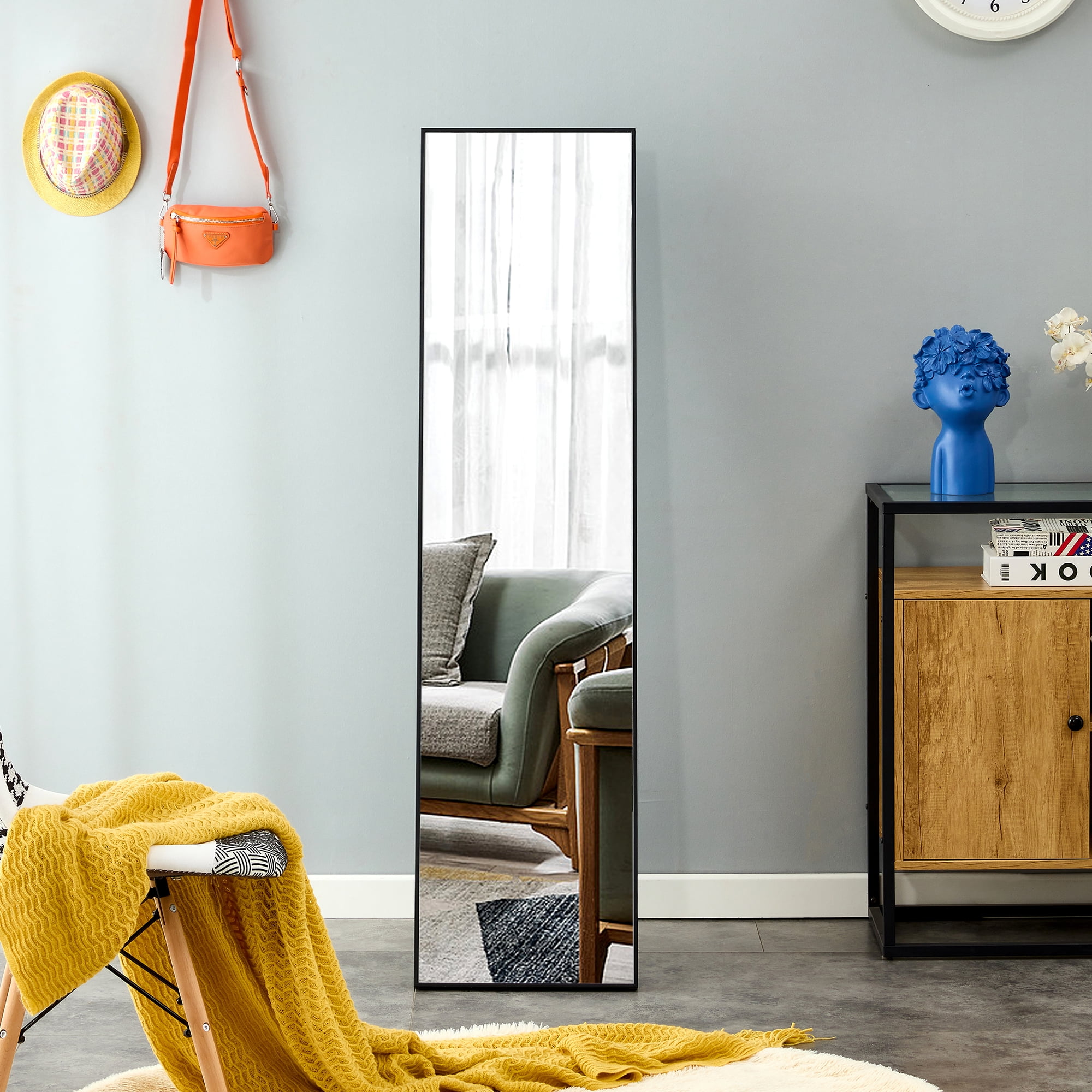 Full-Length Mirror, Dressing Mirror with Solid Wood Frame, Floor Mirror for Living Room, Bedroom, 58"×15", Black