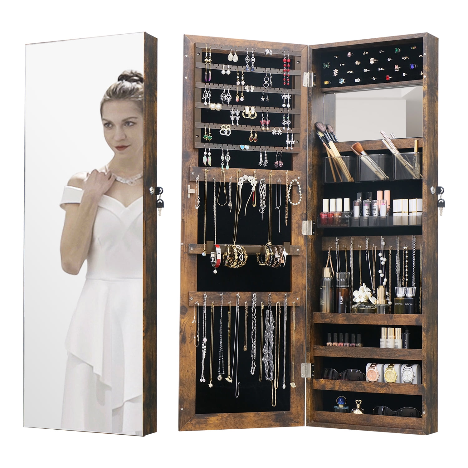 Jewelry Armoire Cabinet Organizer for Makeup over The Door Mirror with