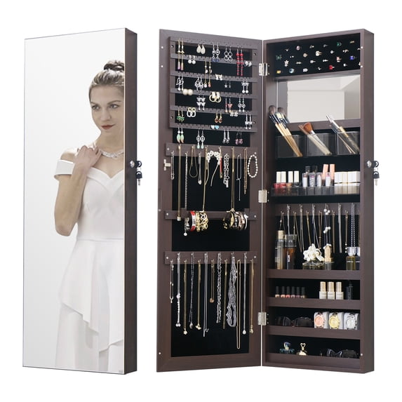 Full Length Mirror Jewelry Armoire Cabinet Organizer for Makeup over The Door Mirror with Jewelry Box Lockable Storage Brown