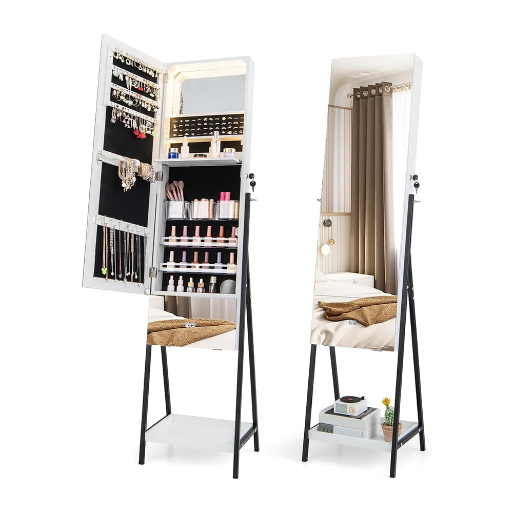 Full Length Mirror Jewelry Cabinet Armoire, Mirrored Tilt out Drawer, 3 ...