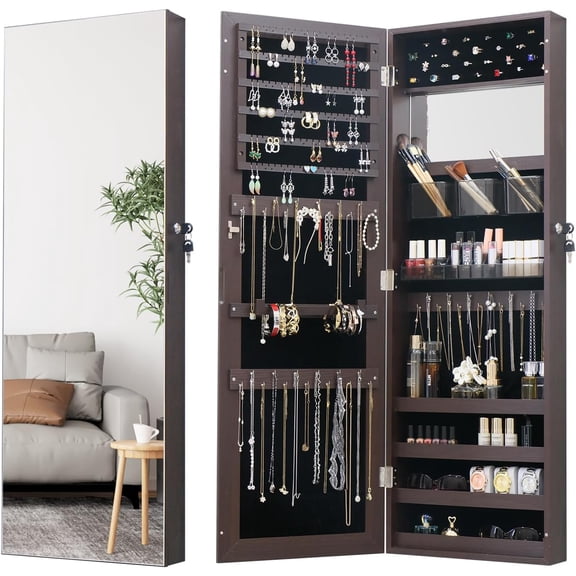Full Length Mirror Jewelry Cabinet Organizer for Makeup and Jewelry, Lockable Door Wall-Mounted Jewelry Armoire with Shelves and Behind-the-Door Storage Rustic Brown