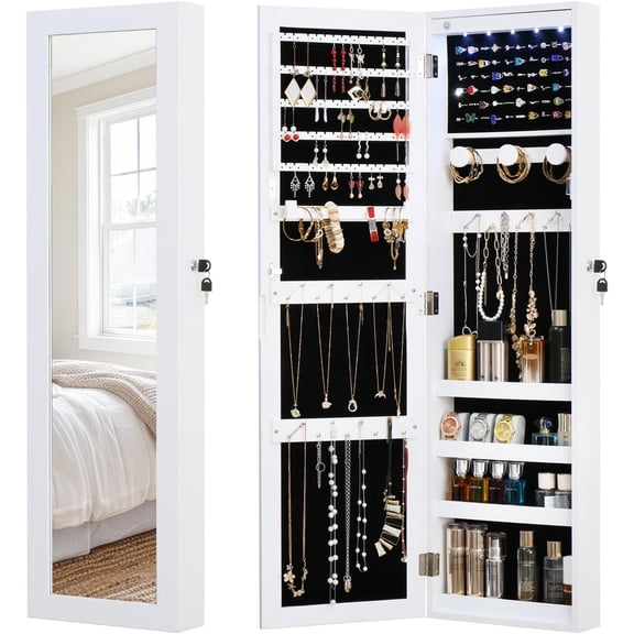 Full Length Mirror Jewelry Cabinet with Lockable Door Wall Mounted Armoire Shelves and Behind the Door Storage Off White 43.3 x 12.4 Inches