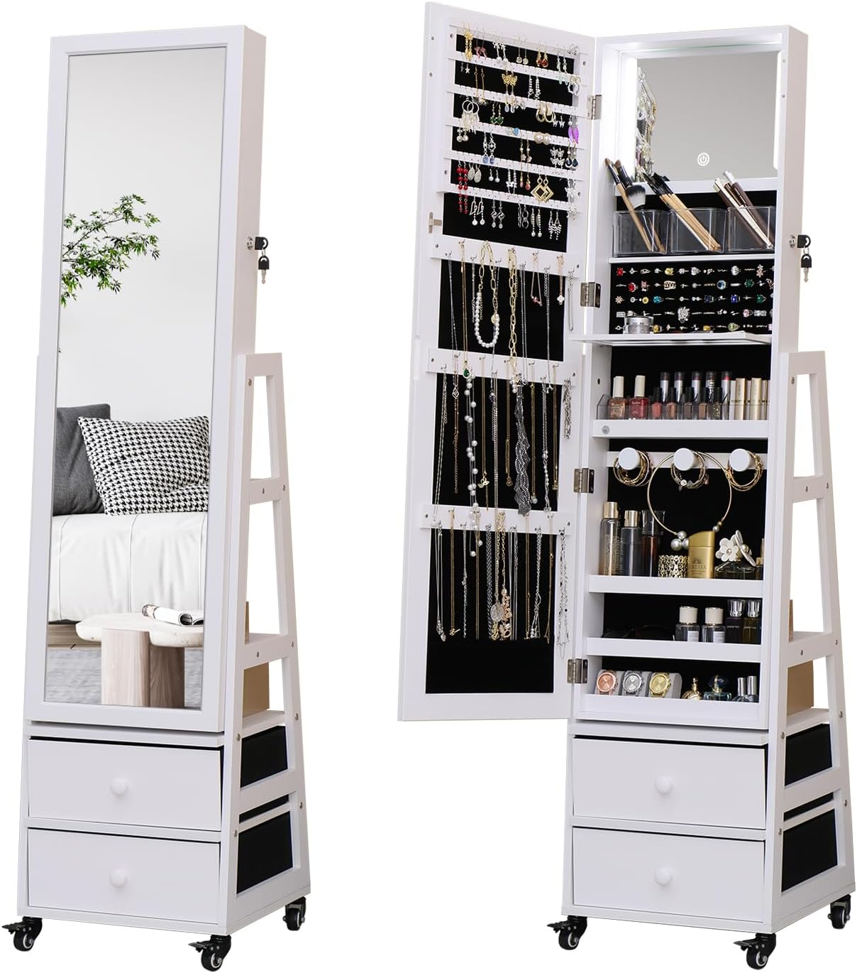 Full Length Mirror with Jewelry Storage,360 Swivel Jewelry with