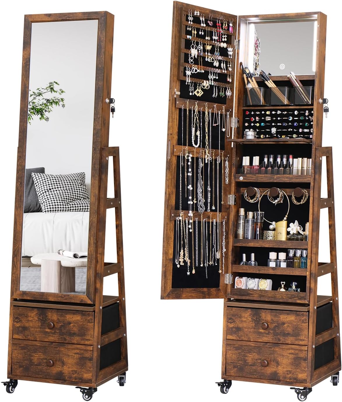 Full Length Mirror with Jewelry Storage,360 Swivel Jewelry with