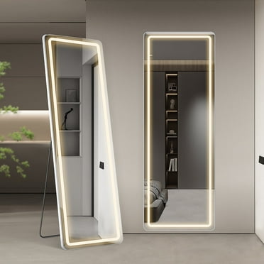 Full Length Mirror with LED Lights, 64x21 Inch Lighted Floor Standing Mirror with Stand, Full Body Mirror with Dimming & 3 Color Lighting, Wall Mounted Hanging Mirror with Aluminum Alloy Thin Frame