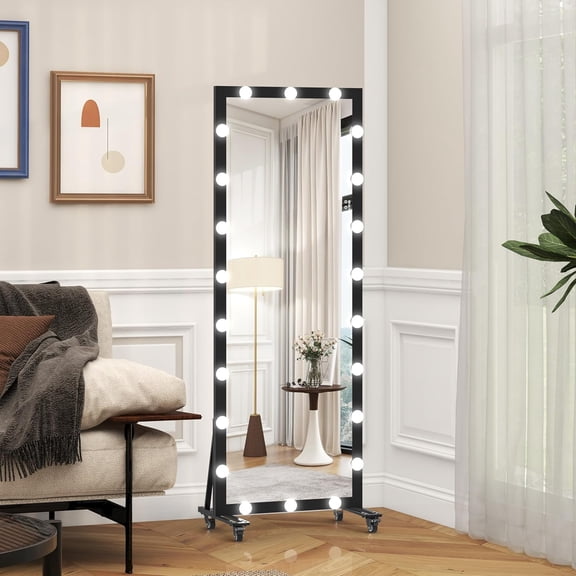 Full Length Mirror with Lights, 65.5 x 23.3 Inch Rolling Gym Mirror with Wheels, Black Aluminum Framed Standing up Floor Mirror Dressing Mirrors, Dimmable and 3 Color Modes