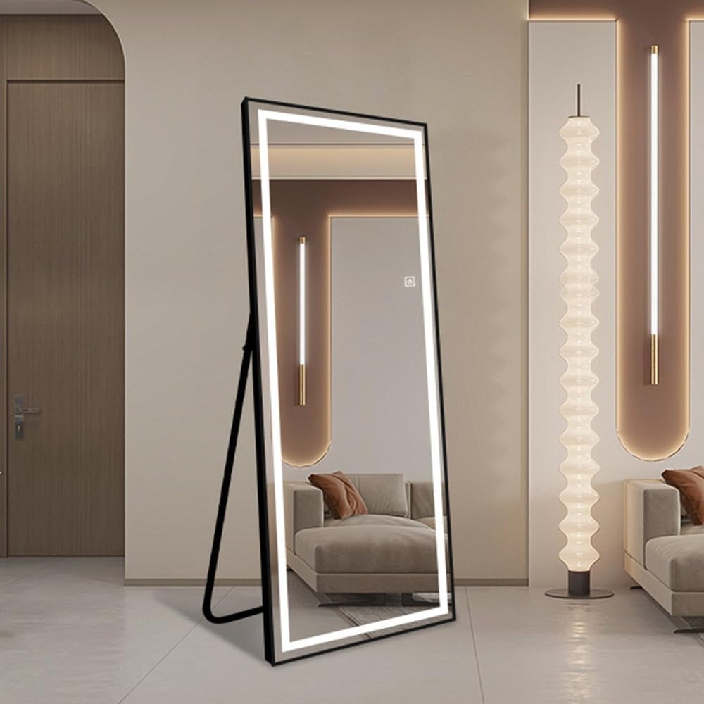 Full Length Mirror with Lights, 65"x22" LED Lighted Floor Mirrors Black Aluminum Frame, Full ...