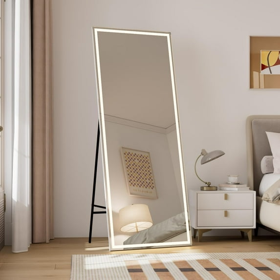 Full Length Mirror with Lights, LED Full Body Mirror, Dimmable, 3 Color, Free Standing Lighted Floor Mirror, Wall Mounted Hanging Mirror with Lights for Bedroom