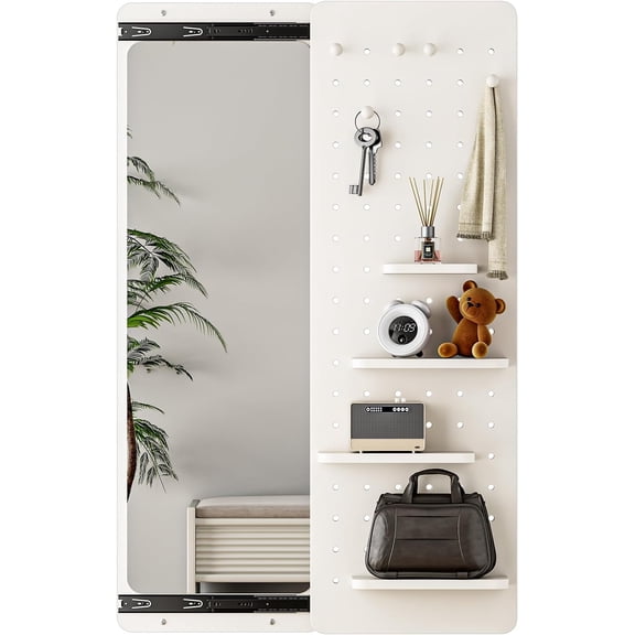 Full Length Mirror with Sliding Storage Shelf, 48'' Solid Rubber Wood Wall Mounted Dressing Mirror, DIY Organizer with Adjustable Hooks for Entryway and Bedroom (White)