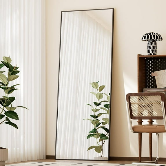 Full Length Mirror with Stand, 56"x21" Floor Mirror with Aluminum Alloy Thin Frame, ShatterVue Tempered Full Body Mirrors, Free Standing or Wall-Mounted Mirrors for Living Room, Black