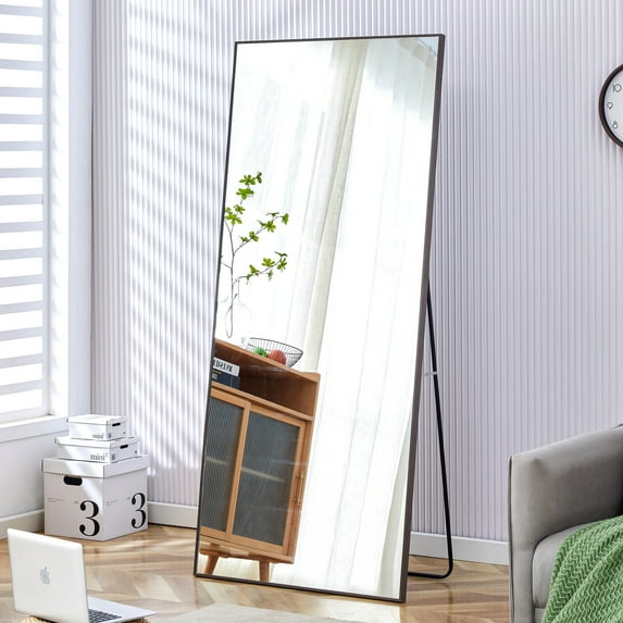 Full Length Mirror with Stand, 71 "* 31.4" Solid Wood Frame Floor Mirror, Full-Body Wall Mounted Mirror for Bedroom Entrance, Clothing Store, Free Standing, Gray