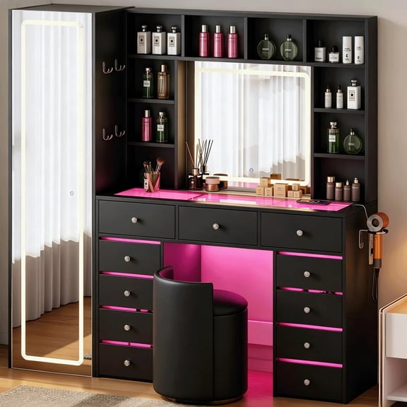 Full Length Mirror Vanity Desk and Lights 3 Colors, Transparent Top with 11 RGB Drawers, 10 Shelves, Full-length mirror with storage shelf, Make Up Vanity with Charging Station Woman, Black