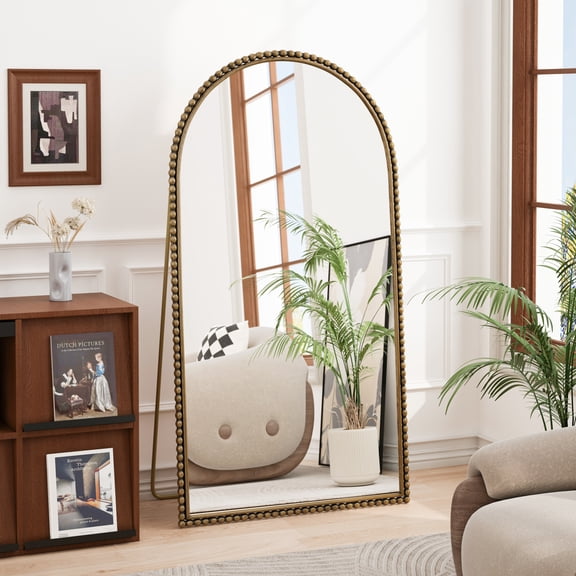 Full Length Mirror With Arched Design and Support Feet Gold Finish For Bedroom Living Room Vintage Style Floor Standing
