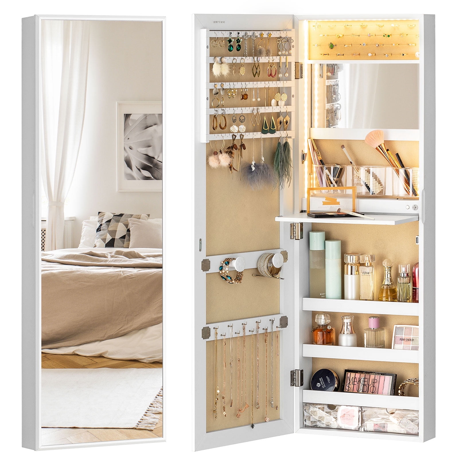 Full Length Mirror with Jewelry Storage Jewelry Armoire with LED Lights ...