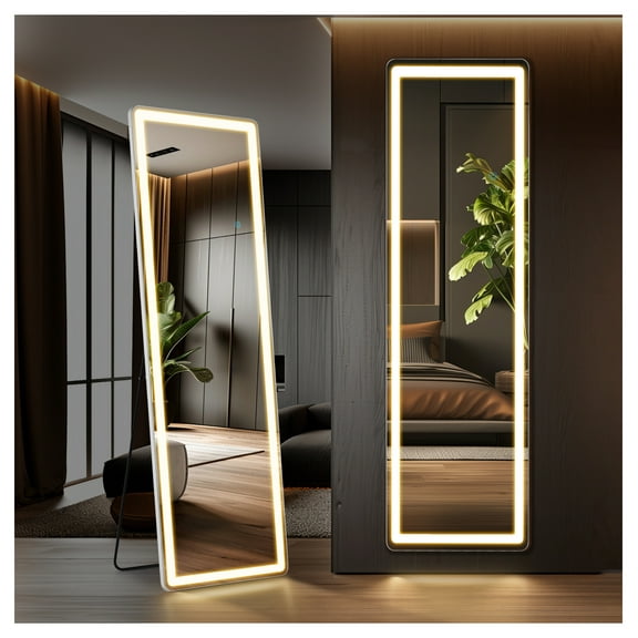 Full Length Mirror with LED Lights, 64"x21" Lighted Floor Standing Mirror with Stand