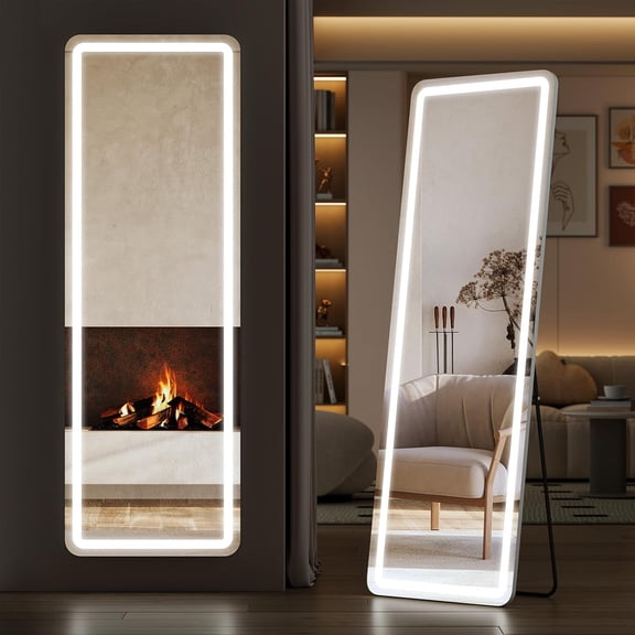 Full Length Mirror with LED Lights, 65"x21" Lighted Body Floor Dimming & 3 Color Lighting, Stand for Bedroom, Dressing Room, White