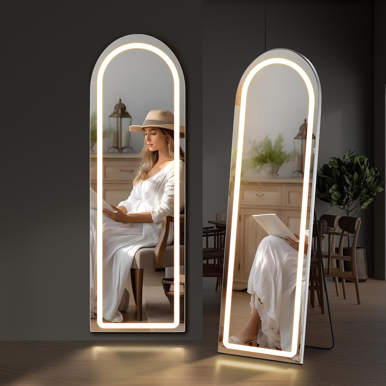 Arched Full Length Mirror with LED Lights and Aluminum Alloy Frame