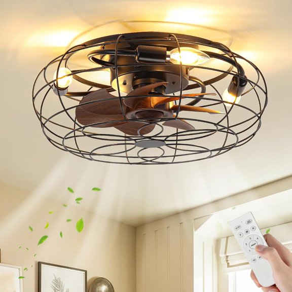 Caged Ceiling Fans with Lights and Remote 18" Black Flush Mount Outdoor Ceiling Fan lights Rustic Low Profile Reversible Bladeless Ceiling Fan for Patios,,Bedroom,Kitchen,Living room