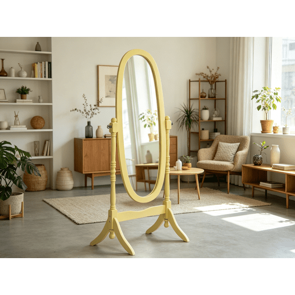 Full Length Mirror with Stand, Vintage Wood Cheval Mirror, Adjustable Freestanding Floor Mirror, Yellow