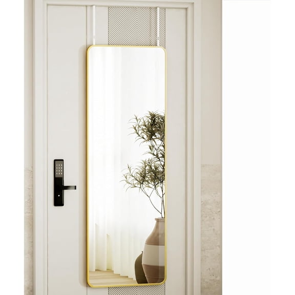 Full-Length Over-the-Door Mirror with Adjustable Hangers Aluminum Frame, Rectangular Shape, Gold Finish, 48"L x 14"W