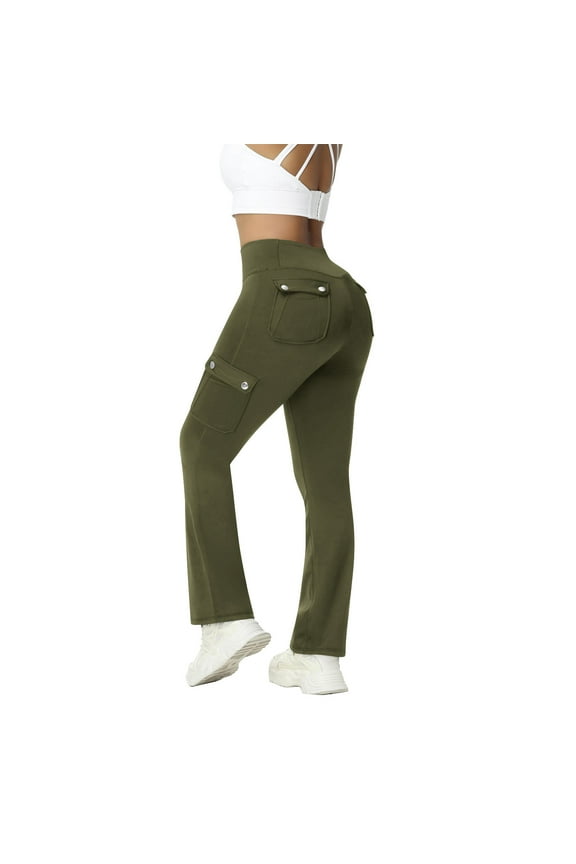 Full Length Pants New Womens Yoga Cargo Pants Drawstring High Waisted Leggings with Pockets Stretchy Comfy Straight Leg Trousers Army Green XXL