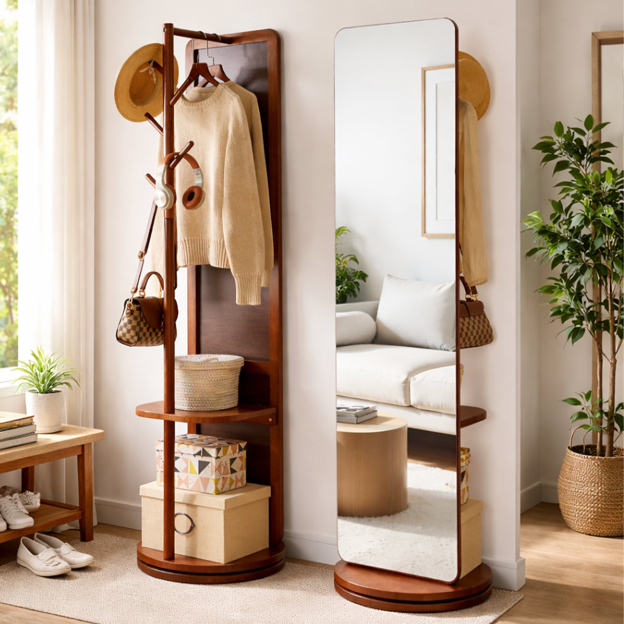 Mirror Side Rack Full Length Rotating Mirror with Stand, Solid Wood Coat Rack with ...