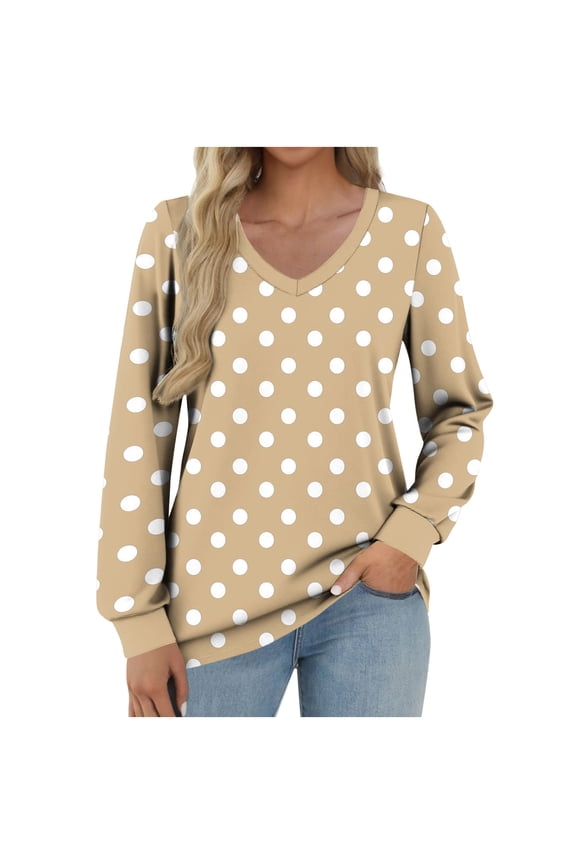 Full Length Sleeve Womens Tops Polka Dot V Neck Business Work Shirts Dressy Casual Blouses Spring Outfits Loose Fit
