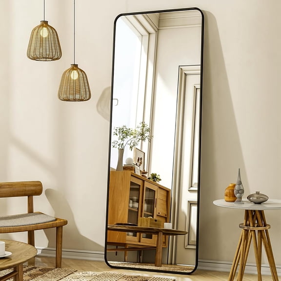 Full-Length Standing Mirror with Rounded Corners 56" H x 21" W, Black Aluminum Frame, Modern Polished Finish, Shatter-Resistant Glass