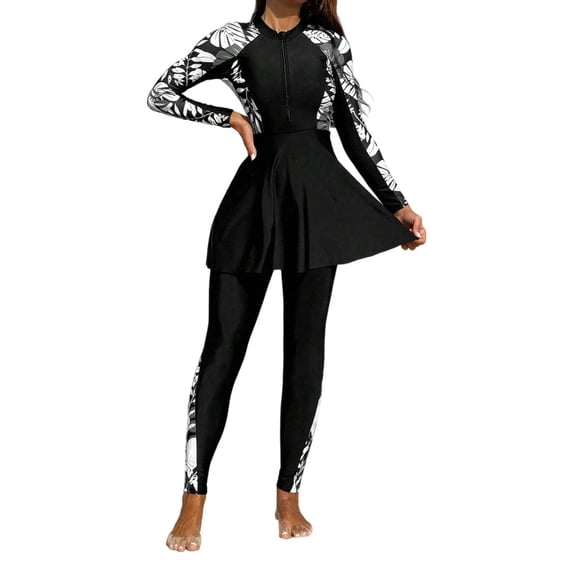 Full Length Swimwear for Women Two Piece Long Sleeve Rash Guard and Swim Pants with Zipper UPF Sun Protective Black XL