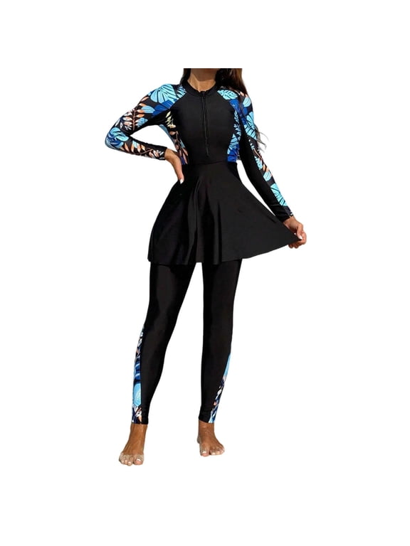Full Length Swimwear for Women Two Piece Long Sleeve Rash Guard and Swim Pants with Zipper UPF Sun Protective Blue XL