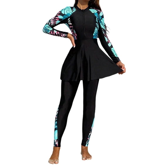 Full Length Swimwear for Women Two Piece Long Sleeve Rash Guard and Swim Pants with Zipper UPF Sun Protective Green S