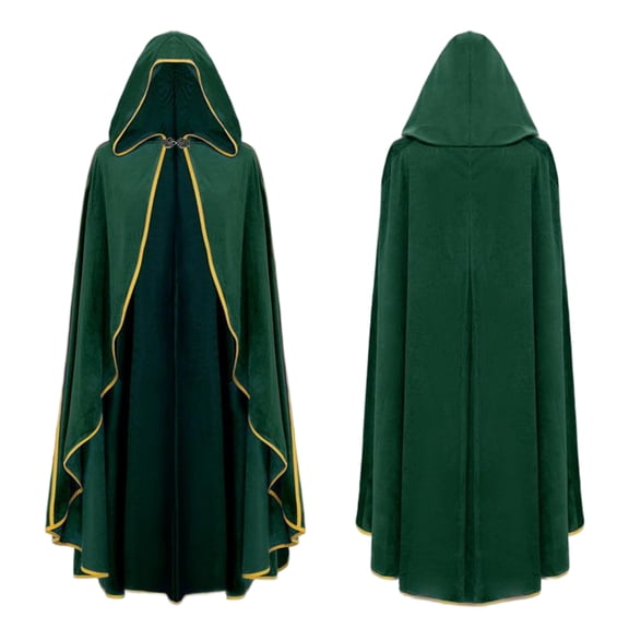 Full Length Velvet Costume Cape, Gold Trim Velvet Long Hooded Cape Cloak, Full Length Wizard Witch Robe for Halloween Medieval Cosplay, 6 Color Luxury Velvet Costume Cape, Green One Size