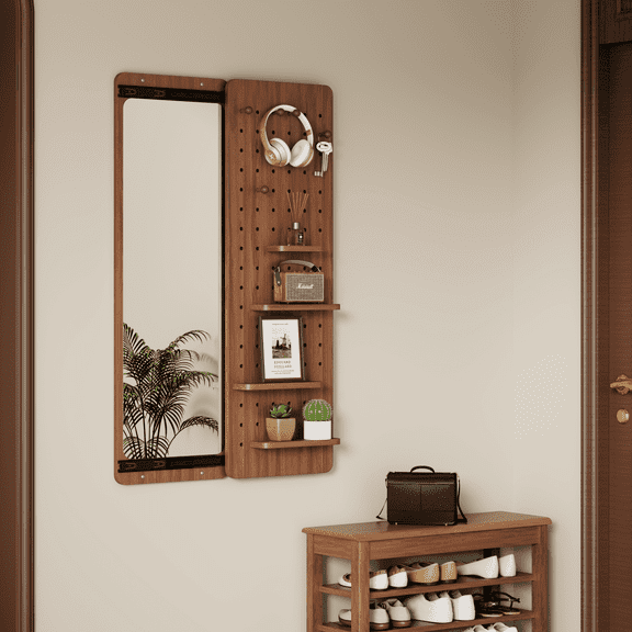 Full Length Wall Mirror with Storage Shelf & Hooks, 47.6x15.6 Inch Walnut Bathroom/Bedroom Mirror, Durable Frameless Wall Mount Mirror for Living Room, Hallway, Entryway