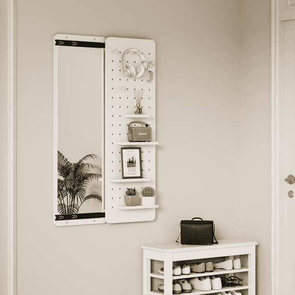 Full Length Wall Mirror with Storage Shelf & Hooks, 47.6x15.6 Inch White Bathroom/Bedroom Mirror, Durable Frameless Wall Mount Mirror for Living Room, Hallway, Entryway