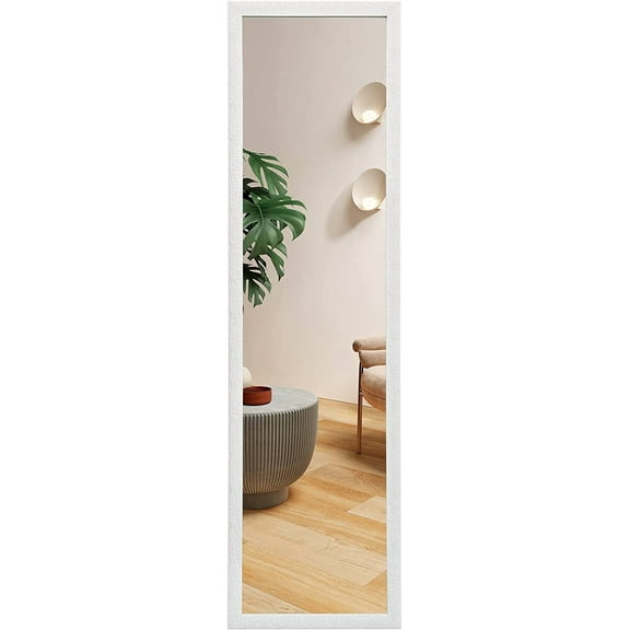 Full Length Wall Mounted Rectangle Mirror with Engraved Frame White 50 Inches L x 14 Inches W