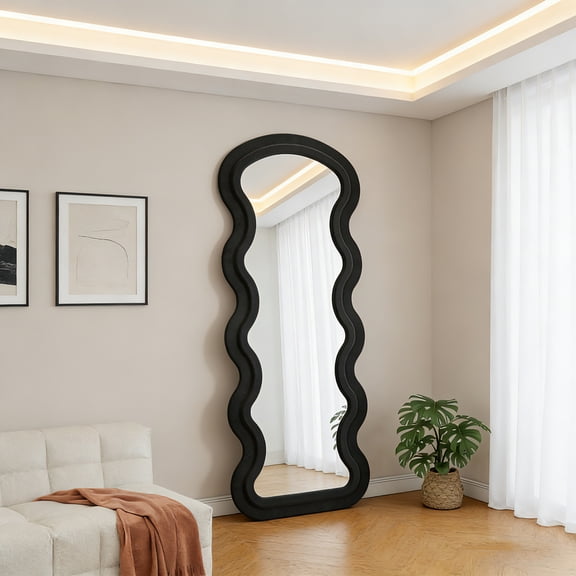 Full Length Wave Floor Mirror with Flannel Finish, Arched Top Design, Freestanding or Wall-Mountable for Bedroom Living Room Entryway