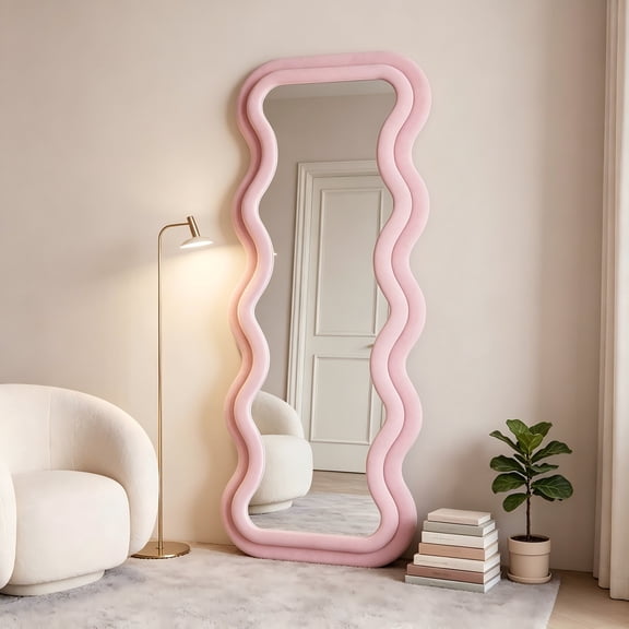 Full Length Wavy Mirror 63"x24", Arched Floor & Wall Mirror - Standing, Hanging or Leaning - Flannel Wrapped Wooden Frame, Pink