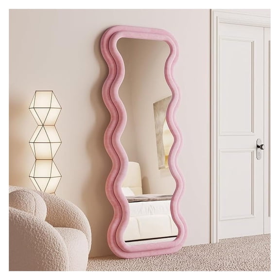 Full Length Wavy Mirror, 63"x24", Arched Floor & Wall Mirror - Standing, Hanging or Leaning - Flannel Wrapped Wooden Frame - Pink