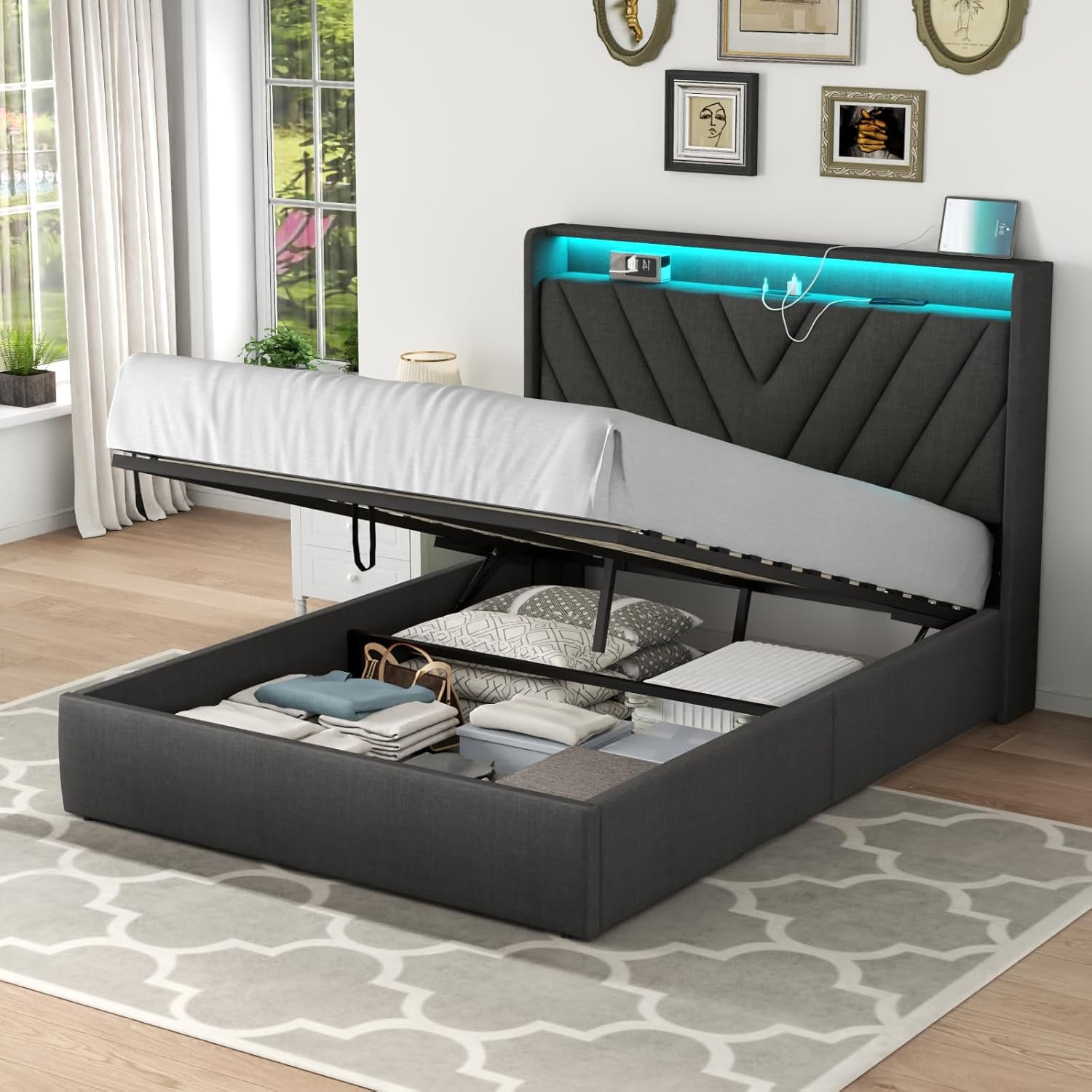 Full Lift Up Bed Frame with Charging Station & LED Lights, Upholstered ...