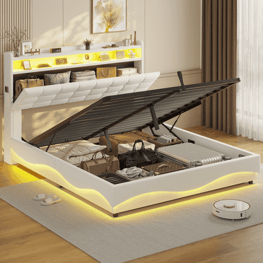 Full Lift Up Storage Bed Frame with LED Lights and Storage Headboard and Charging Station, Upholstered Platform Bed, LED Bed with Hydraulic Storage, No Box Spring Needed, White