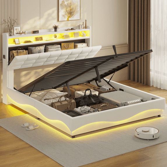 Full Lift Up Storage Bed Frame with LED Lights and Storage Headboard and Charging Station, Upholstered Platform Bed, LED Bed with Hydraulic Storage, No Box Spring Needed, White