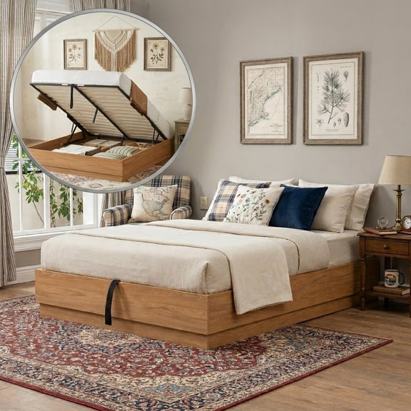 Full Lift up Storage Headboard-Compatible Platform Bed,Low-profile minimalist design,Silent Structure,No Box Spring Needed,Easy Assembly,Natural Wood