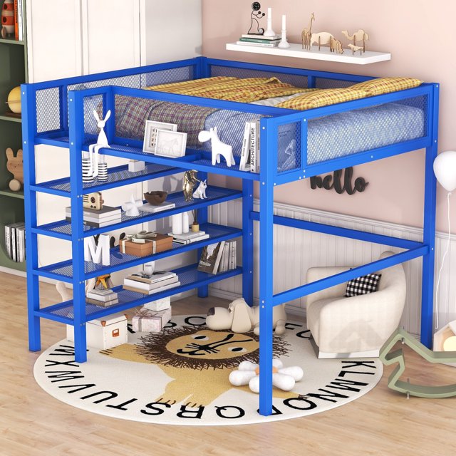 Full Loft Bed with 4-Tier Storage Shelves, Metal Loft Bed Frame with Safety Guardrail, Full Size Loft Bed for Teens Juniors Adults, Noise-Free, No Box Spring Needed, Blue