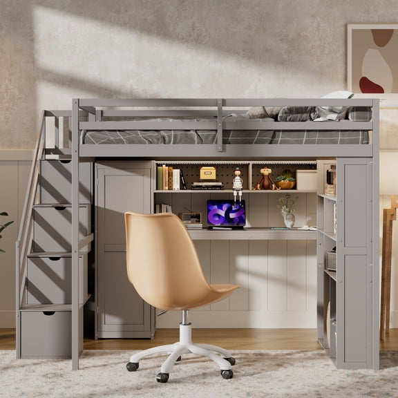 Full Loft Bed with Built-In Wardrobe, Study Desk, Storage Shelves and LED Lights, Solid Wood Space-Saving Bed Frame for Studio Apartments and Guest Bedrooms, Grey, Full Size