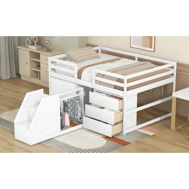 Full Loft Bed, Bunk Bed with Storage Drawers and Wood Kids Loft