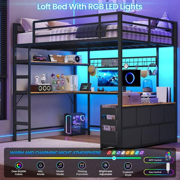 Full Loft Bed with Desk & Led Lights & Charging Station, Metal Full Size Loft Bed with 7 Storage Drawers & Open Shelves, Full-Length Guardrail and Ladders, Black