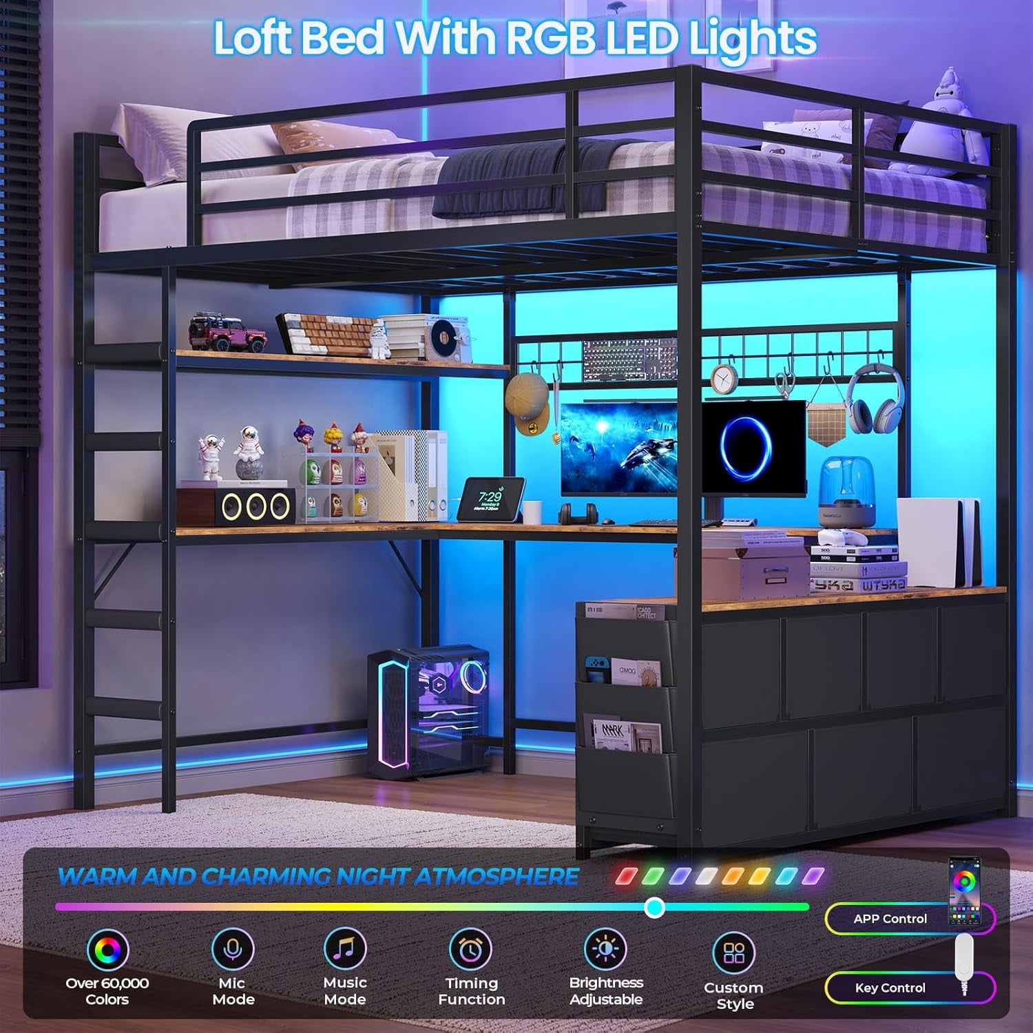 Full Loft Bed with Desk & Led Lights & Charging Station, Metal Full ...
