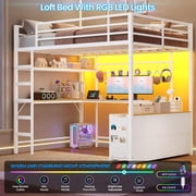 Full Loft Bed with Desk & Led Lights & Charging Station, Metal Full Size Loft Bed with 7 Storage Drawers & Open Shelves, Full-Length Guardrail and Ladders, White
